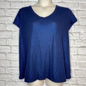Lane Bryant Linen Metallic Tee Women’s 26 / 28 Blue Burnout V-Neck Cap Sleeve